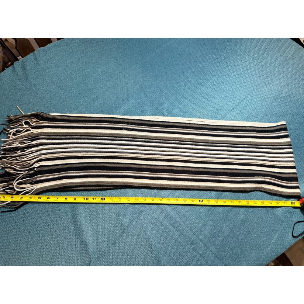 Striped Acrylic Scarf With Fringe Black & White 52" x 10" Warm Winter Accessory